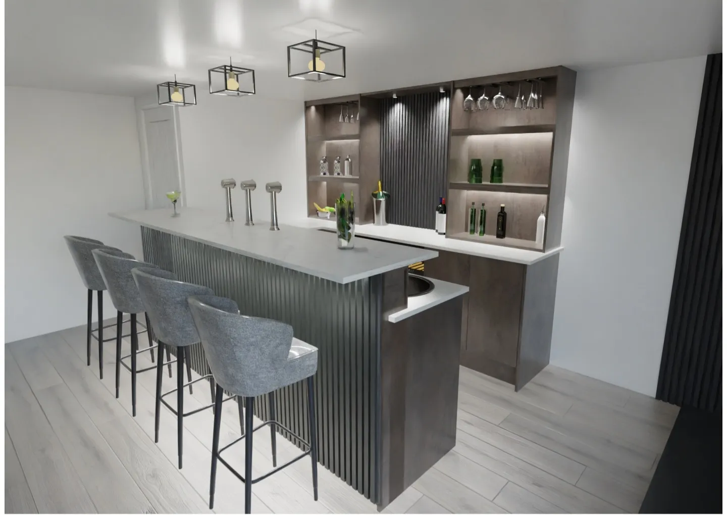 Custom bar 3D render with fluted panelling and marble countertop