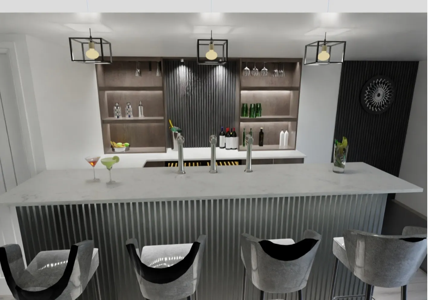Full bar 3D render with beer taps and cocktail glasses