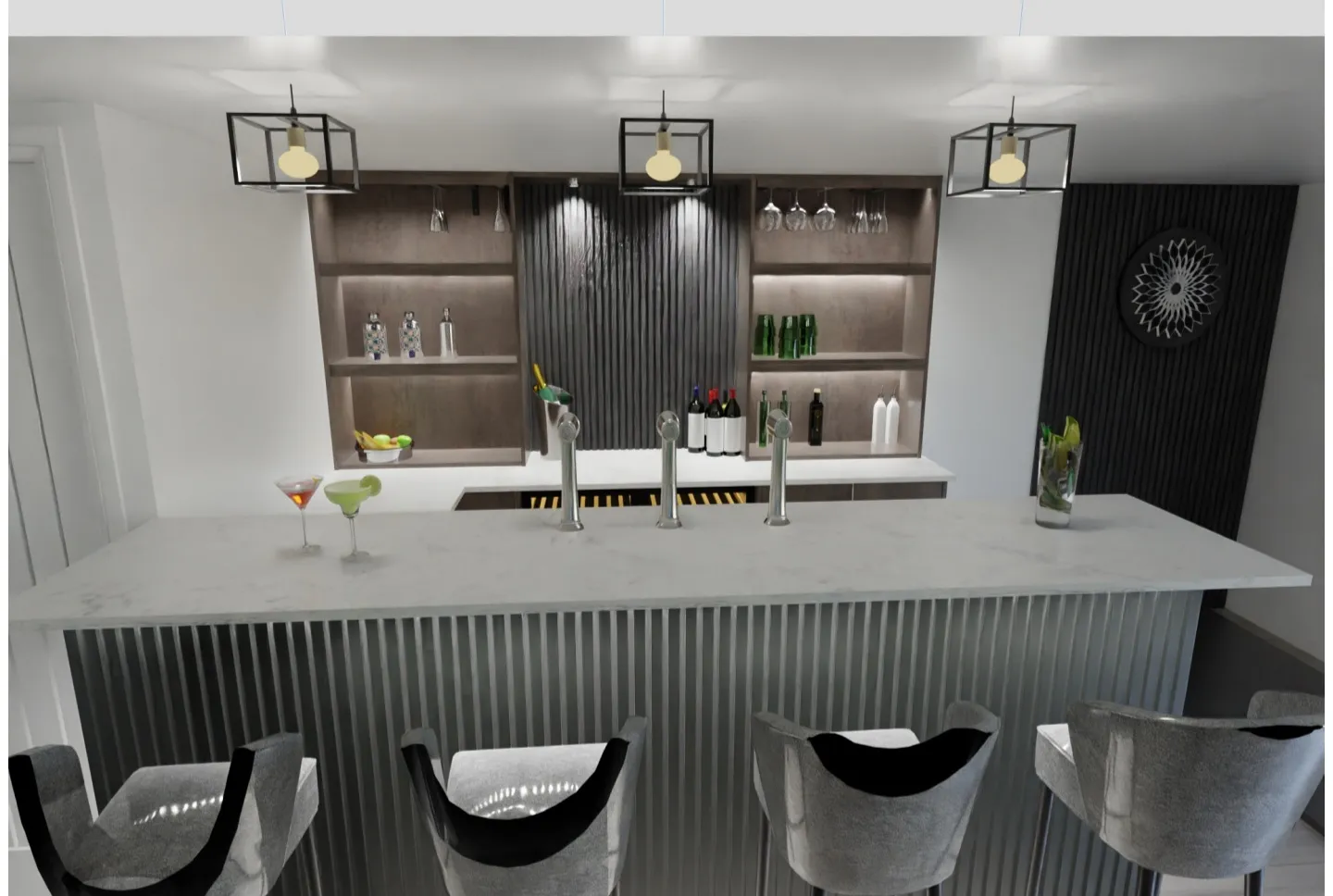 Custom bar 3D render with pendant lighting and shelving