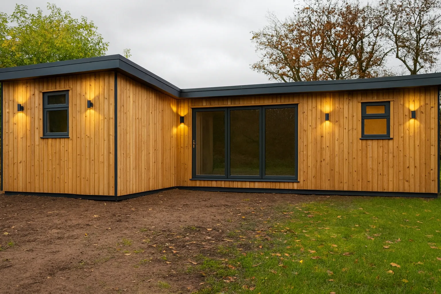 L-shaped cedar annexe with external wall lights at dusk