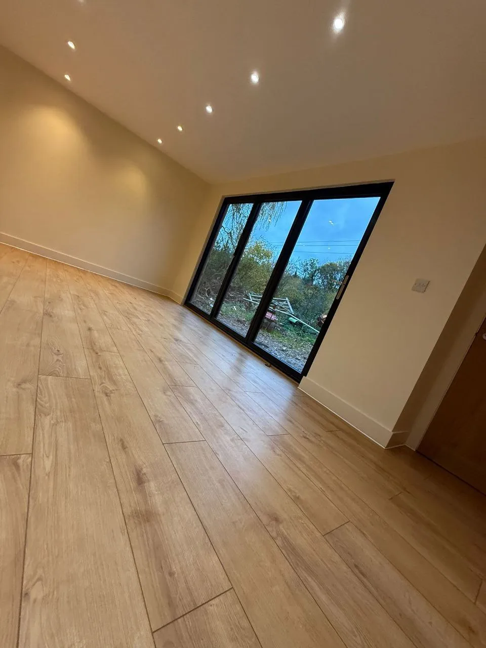 Open-plan living area with bi-fold doors and spotlights